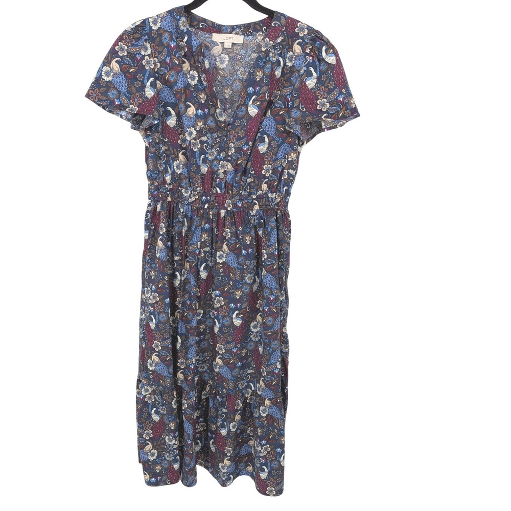 LOFT Midi Dress Womens Small Blue Peacock Floral Cotton‎ Blend Elastic Waist
